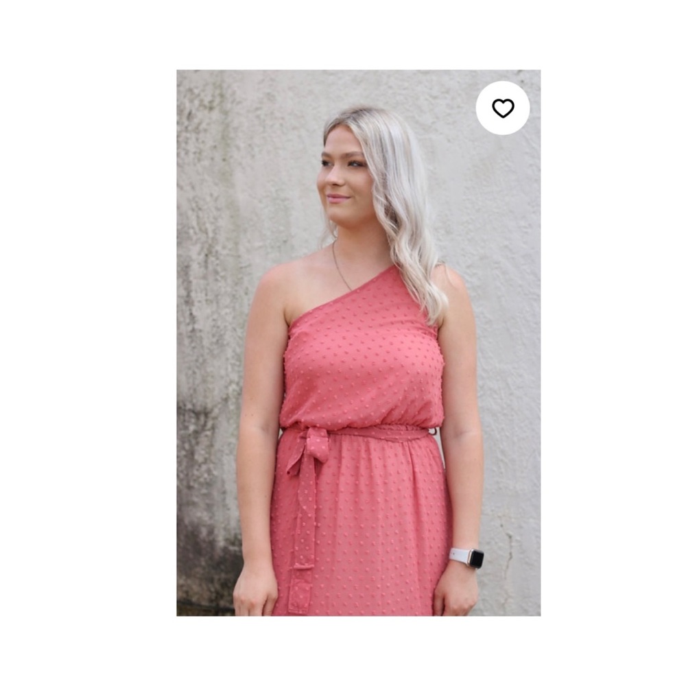 Peach Love California One Shoulder Dusty Rose Swiss Dot Maxi Dress - Picture 2 of 5